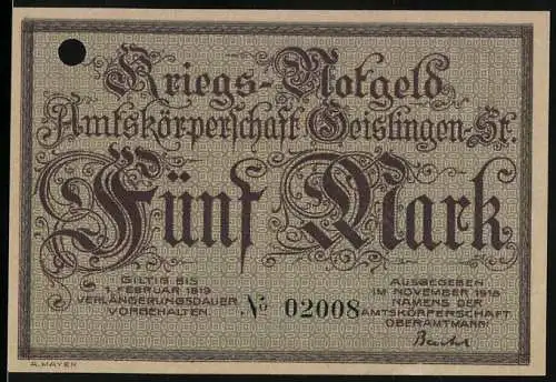 Notgeld Geislingen, 1918, 5 Mark, Kriegs-Notgeld der Amtskörperschaft Geislingen-Steige, Nr. 02008, gelocht