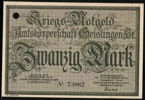 Notgeld Geislingen, 1918, Zwanzig Mark, Kriegs-Notgeld Amtskörperschaft Geislingen-Steige, Seriennummer 73067, gelocht