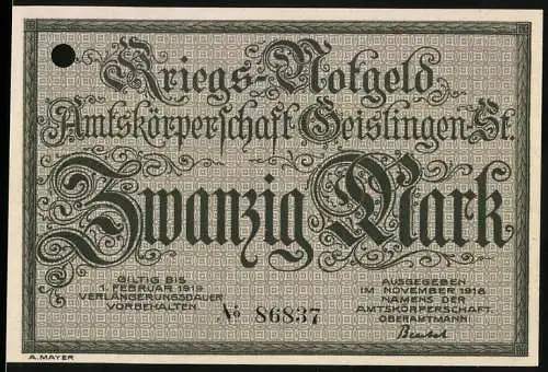 Notgeld Geislingen-Steige, 1918, 20 Mark, Kriegs-Notgeld der Amtskörperchaft Geislingen-Steige, gelocht