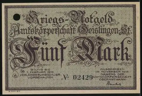 Notgeld Geislingen 1918, 5 Mark, Kriegs-Notgeld, gelocht