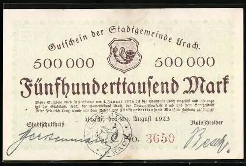 Notgeld Urach 1923, 500000 Mark, Gutschein der Stadtgemeinde Urach, Nr. 3650, August 1923