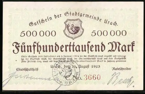 Notgeld Urach 1923, 500.000 Mark, Gutschein der Stadtgemeinde Urach mit Siegel und Unterschriften