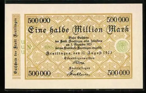 Notgeld Reutlingen 1923, 500.000 Mark, Eine halbe Million Mark, August 1923, Stadt Reutlingen, Gutschein der Stadtkasse