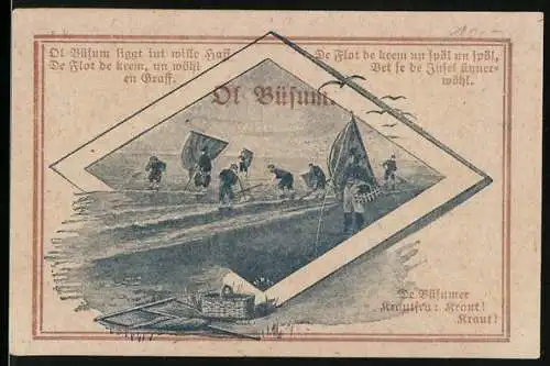 Notgeld Büsum 1921, 75 Penn, Landschaft mit Arbeitern und Stadtwappen, gedruckt bei W. Clausen