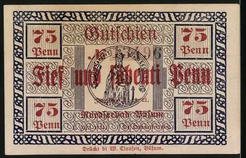 Notgeld Büsum 1921, 75 Penn, Landschaft mit Arbeitern und Stadtwappen, gedruckt bei W. Clausen