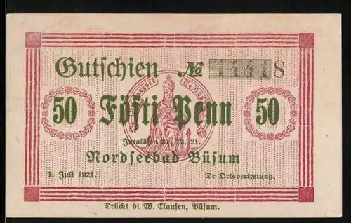 Notgeld Nordseebad Büsum, 1921, 50 Pfennig, Gutschein mit Büsum Seehundjäger und Landschaftsszene