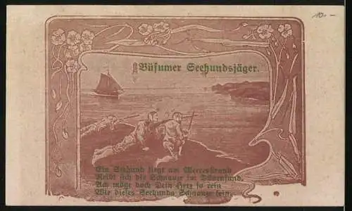 Notgeld Nordseebad Büsum, 1921, 50 Pfennig, Gutschein mit Büsum Seehundjäger und Landschaftsszene