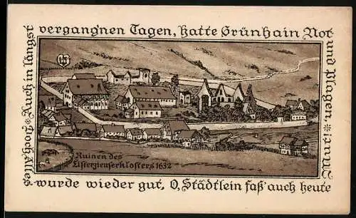 Notgeld Grünhain 1917, 5 Mark, 650 Jahre Stadtjubiläum, Ruinen des Zisterzienserklosters 1632