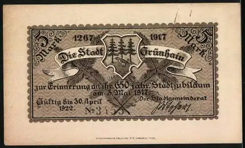 Notgeld Grünhain 1917, 5 Mark, 650 Jahre Stadtjubiläum, Ruinen des Zisterzienserklosters 1632