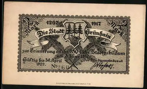 Notgeld Grünhain, 1917, 2 Mark, zur Erinnerung an das 650-jährige Stadtjubiläum, Darstellung von Wappen und Marktplatz