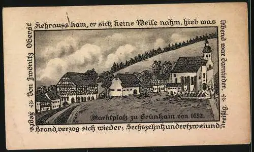 Notgeld Grünhain, 1917, 2 Mark, zur Erinnerung an das 650-jährige Stadtjubiläum, Darstellung von Wappen und Marktplatz