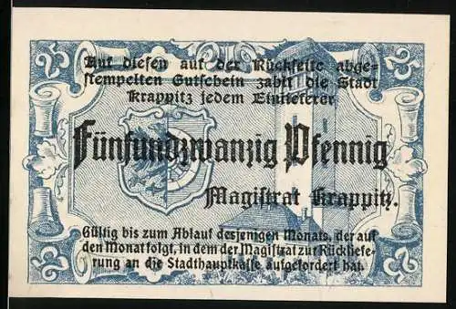 Notgeld Krappitz, 1921, 25 Pfennig, Stadt Krappitz mit Wappen und Textbeschreibung