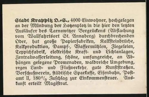 Notgeld Krappitz, 1921, 25 Pfennig, Stadt Krappitz mit Wappen und Textbeschreibung