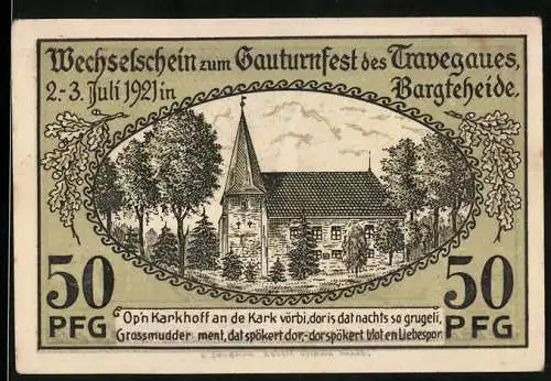 Notgeld Bargteheide 1921, 50 Pfennig, Gauturnfest des Travegaues mit Kirche und Turner