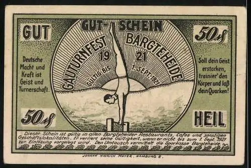 Notgeld Bargteheide 1921, 50 Pfennig, Gauturnfest des Travegaues mit Kirche und Turner