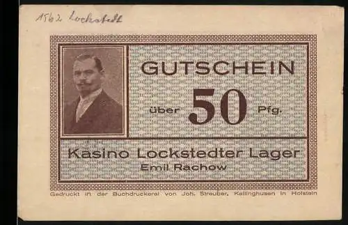 Notgeld Lockstedter Lager 1921, 50 Pfennig, Gutschein Kasino Lockstedter Lager Emil Rachow