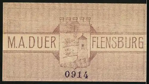 Notgeld Flensburg, 5 Pfennig, Gutschein für Backwaren bei M.A. Duer, Flensburg-Neustadt, Duermalogo und Hafenansicht