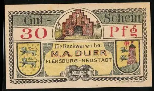 Notgeld Flensburg, 30 Pfennig, Gutschein für Backwaren bei M.A. Duer mit Wappen und Gebäudemotiven