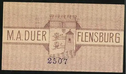 Notgeld Flensburg, 30 Pfennig, Gutschein für Backwaren bei M.A. Duer mit Wappen und Gebäudemotiven