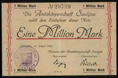 Notgeld Saulgau 1923, 1 Million Mark, Amtskörperschaft Saulgau, Ausgabedatum 21. August 1923