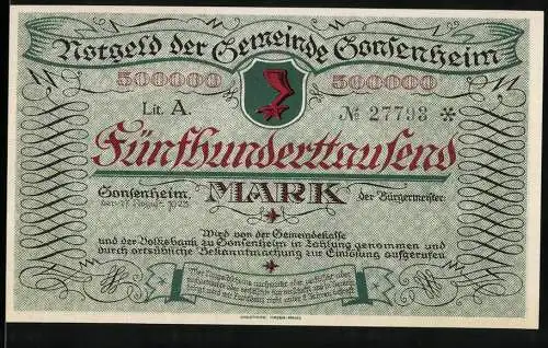 Notgeld Gonsenheim, 1923, 500000 Mark, grün und rot, Darstellung von Gebäuden und Obstbündeln