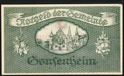 Notgeld Gonsenheim, 500000 Mark, grüne und rote Schrift mit Wappen, Rückseite Gebäude und Früchte