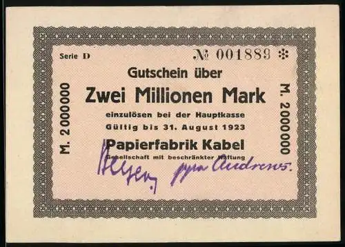 Notgeld Hagen 1923, Zwei Millionen Mark, Papierfabrik Kabel, gültig bis 31. August 1923, Serie D