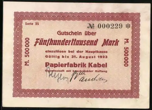 Notgeld Hagen 1923, 500000 Mark, Gutschein der Papierfabrik Kabel bis 31. August 1923