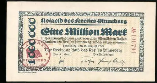 Notgeld Pinneberg 1923, Eine Million Mark, Ausgabeschein des Kreises Pinneberg mit rotem Stempel