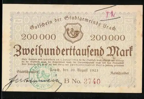 Notgeld Urach 1923, 200000 Mark, Gutschein der Stadtgemeinde Urach, Serie B No. 3740, 20. August 1923