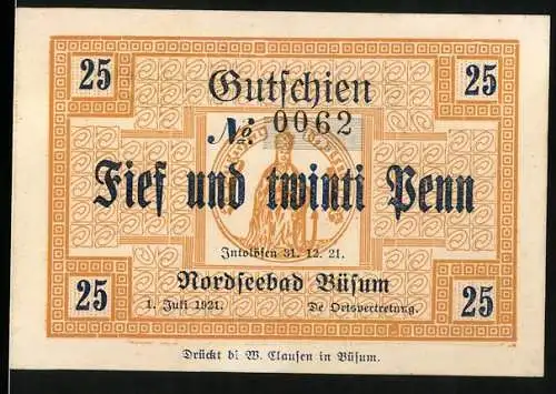 Notgeld Büsum, 1921, 25 Pfennig, Gutschein mit Wattenläufern und Spruch auf Rückseite