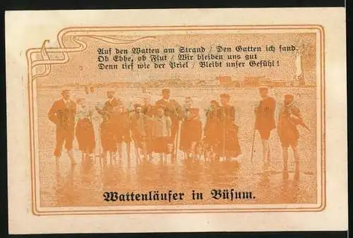 Notgeld Büsum, 1921, 25 Pfennig, Gutschein mit Wattenläufern und Spruch auf Rückseite