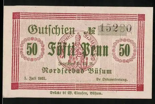 Notgeld Büsum 1921, 50 Pfennig, Gutschien mit Fischer und Büsumer Seehundjäger im Meer