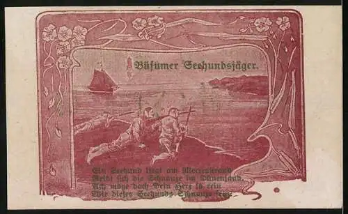 Notgeld Büsum 1921, 50 Pfennig, Gutschien mit Fischer und Büsumer Seehundjäger im Meer