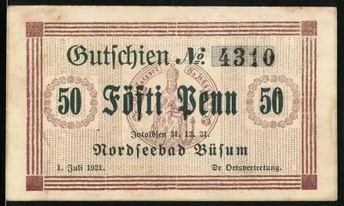 Notgeld Büsum, 1921, 50 Pfennig, Gutschein Nr. 4310, Nordseebad Büsum, Büsum Seehundsjäger-Szene