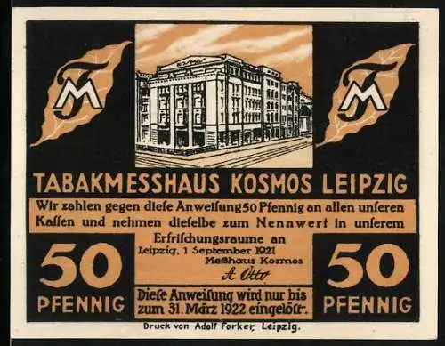 Notgeld Leipzig, 1921, 50 Pfennig, Tabakmesshaus Kosmos mit Gebäude und künstlerischer Rückseite