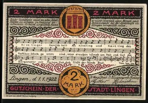 Notgeld Lingen, 1922, 2 Mark, 550-Jahr-Jubiläum der Kivelinge, Musiknoten und historische Figuren