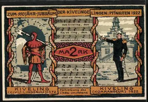 Notgeld Lingen, 1922, 2 Mark, 550-Jahr-Jubiläum der Kivelinge, Musiknoten und historische Figuren