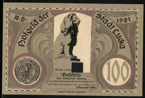 Notgeld Lucka, 1921, 100 Pfennig, Löwenstatue und historische Szene mit Ritterkampf und Frau