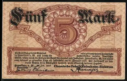 Notgeld Frankfurt am Main 1918, 5 Mark, Chemische Fabrik Griesheim-Elektron, braun /rot