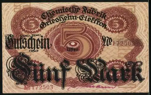 Notgeld Frankfurt am Main 1918, 5 Mark, Chemische Fabrik Griesheim-Elektron, braun /rot