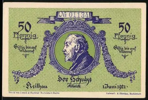 Notgeld Keilhau 1921, 50 Pfennig, Porträt eines Mannes und Ortsansicht mit vier Porträts