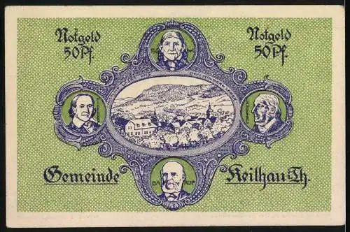 Notgeld Keilhau 1921, 50 Pfennig, Porträt eines Mannes und Ortsansicht mit vier Porträts