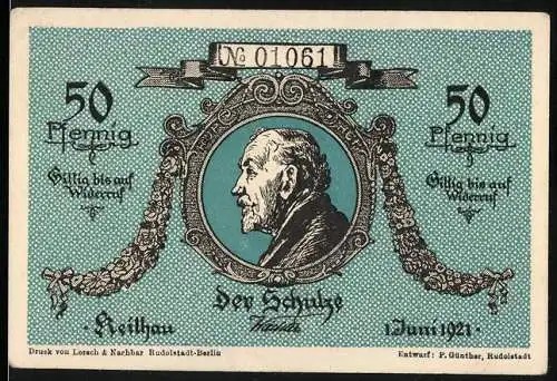 Notgeld Keilhau, 1921, 50 Pfennig, Porträt von Friedrich Fröbel und Landschaftsansicht