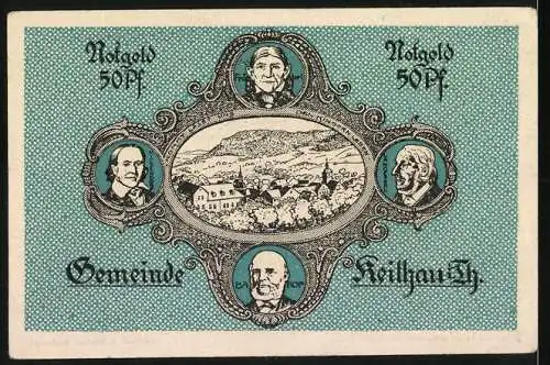 Notgeld Keilhau, 1921, 50 Pfennig, Porträt von Friedrich Fröbel und Landschaftsansicht