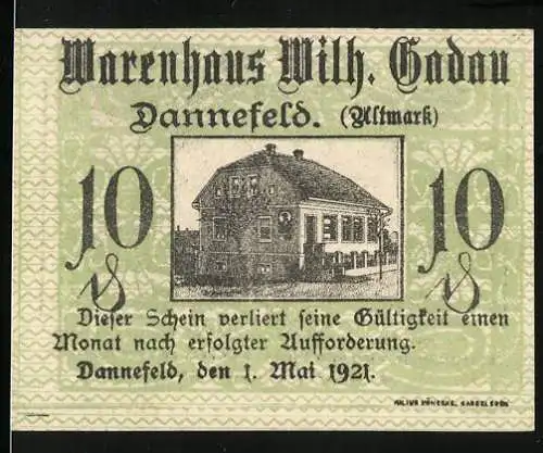 Notgeld Dannefeld 1921, 10 Pfennig, Warenhaus Vilh. Gadau mit Gebäude und Drömling-Szene