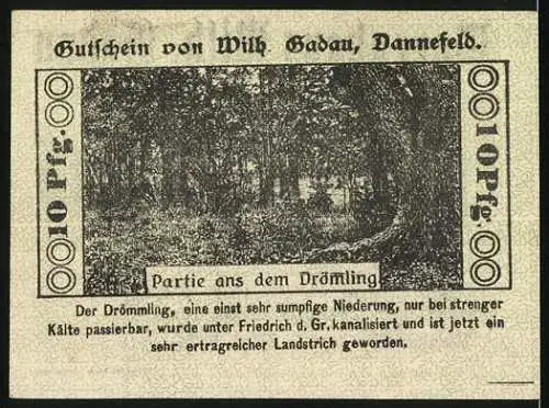 Notgeld Dannefeld 1921, 10 Pfennig, Warenhaus Vilh. Gadau mit Gebäude und Drömling-Szene