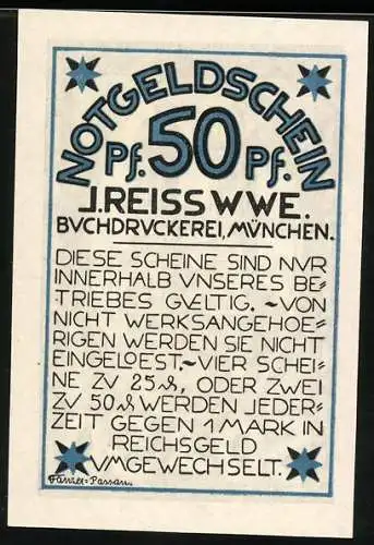 Notgeld München, 50 Pf, Buchdruckerei J. Reiss Wwe., Frauenkirche Illustration