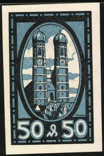 Notgeld München, 50 Pf, Buchdruckerei J. Reiss Wwe., Frauenkirche Illustration