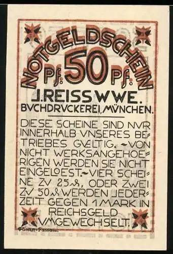 Notgeld München, 50 Pf., Buchdruckerei J. Reiss Wwe, Gebäudeansicht, Text auf Rückseite